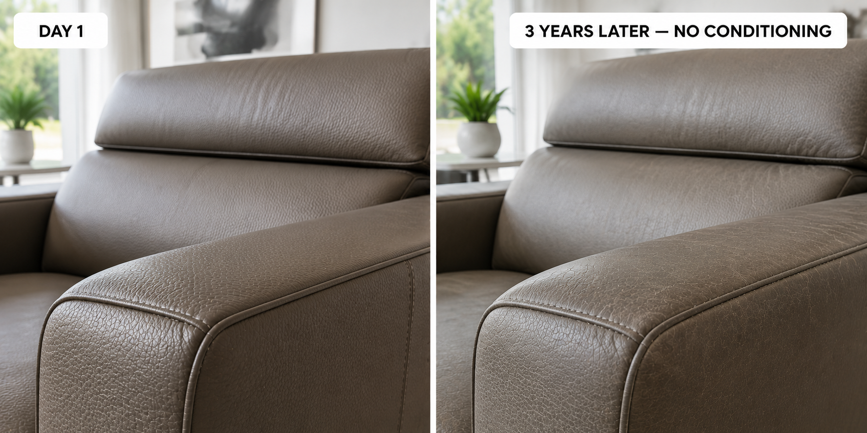 Comparison of new leather on day one versus untreated leather after three years