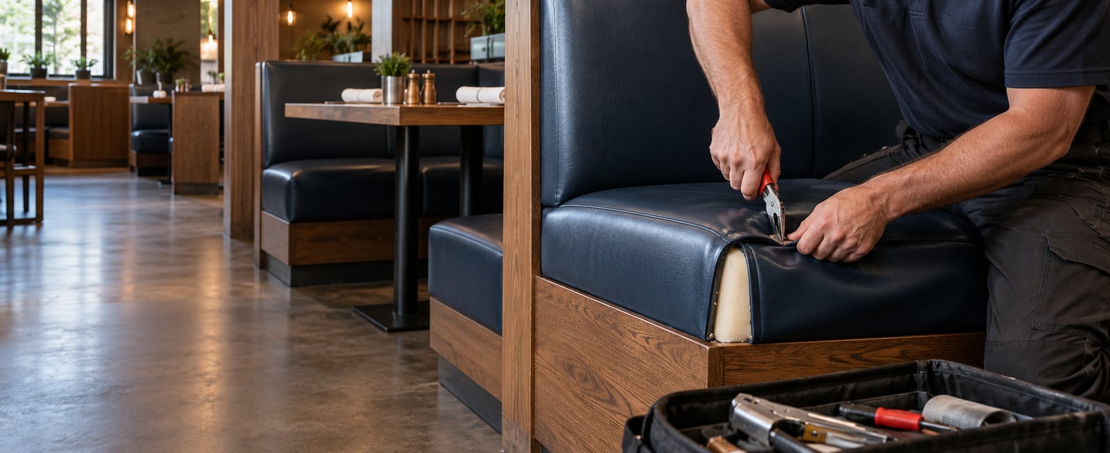 Commercial upholstery technician repairing a restaurant booth on site