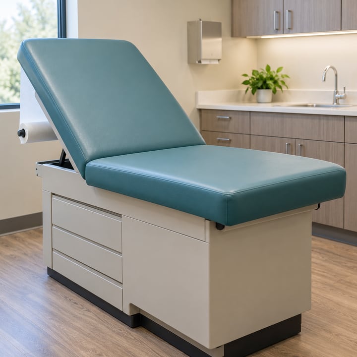 Example image of a medical exam table with renewed vinyl upholstery