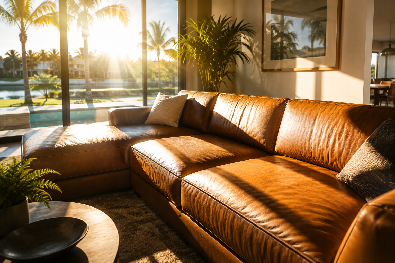Strong Florida sunlight across a leather sofa in a bright interior