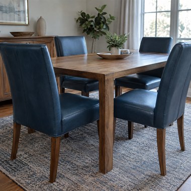 Reupholstered blue leather dining chairs