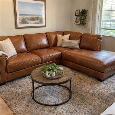 Restored cognac leather sectional