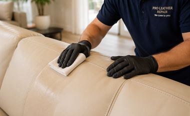 Technician conditioning a light leather sofa