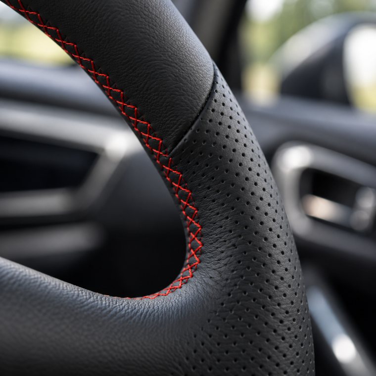 Illustrative example of hand-stitching a fitted new leather steering wheel wrap