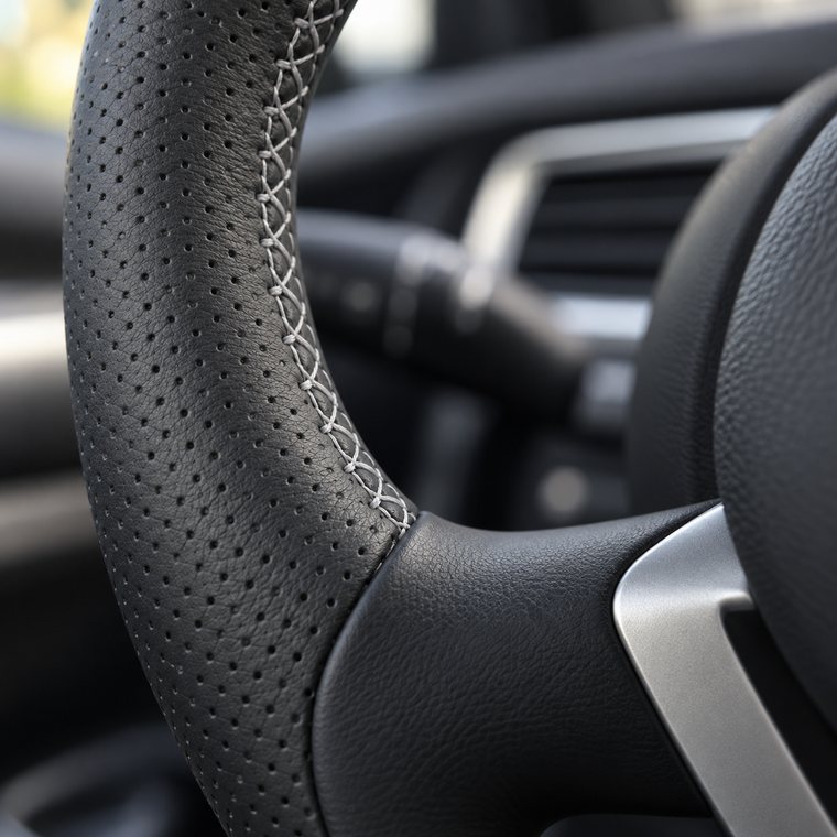 Illustrative example of a steering wheel reupholstered in smooth and perforated black leather