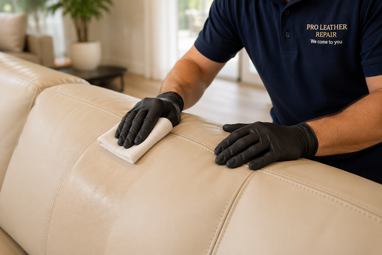 Technician applying professional leather conditioner to a light leather sofa